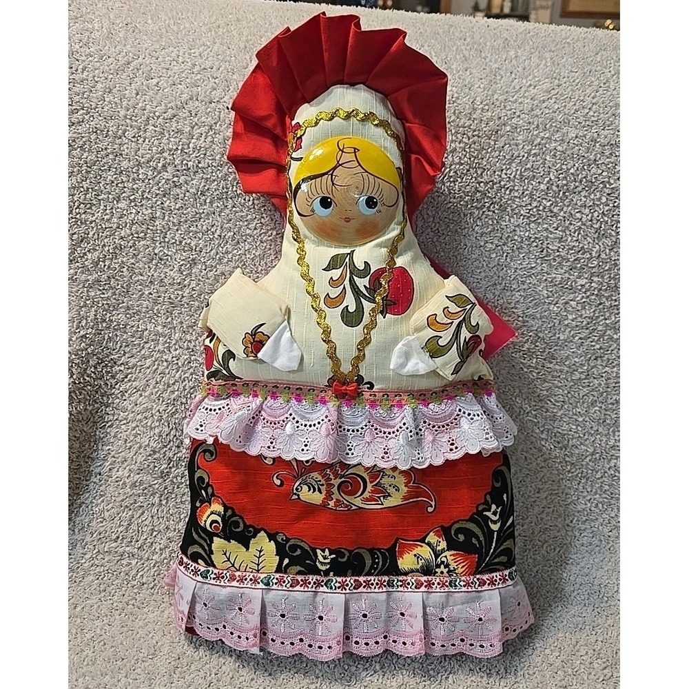 Russian Tea Cozy Fabric Doll With Wooden Painted Face Lace Trim Red Cream Fabric